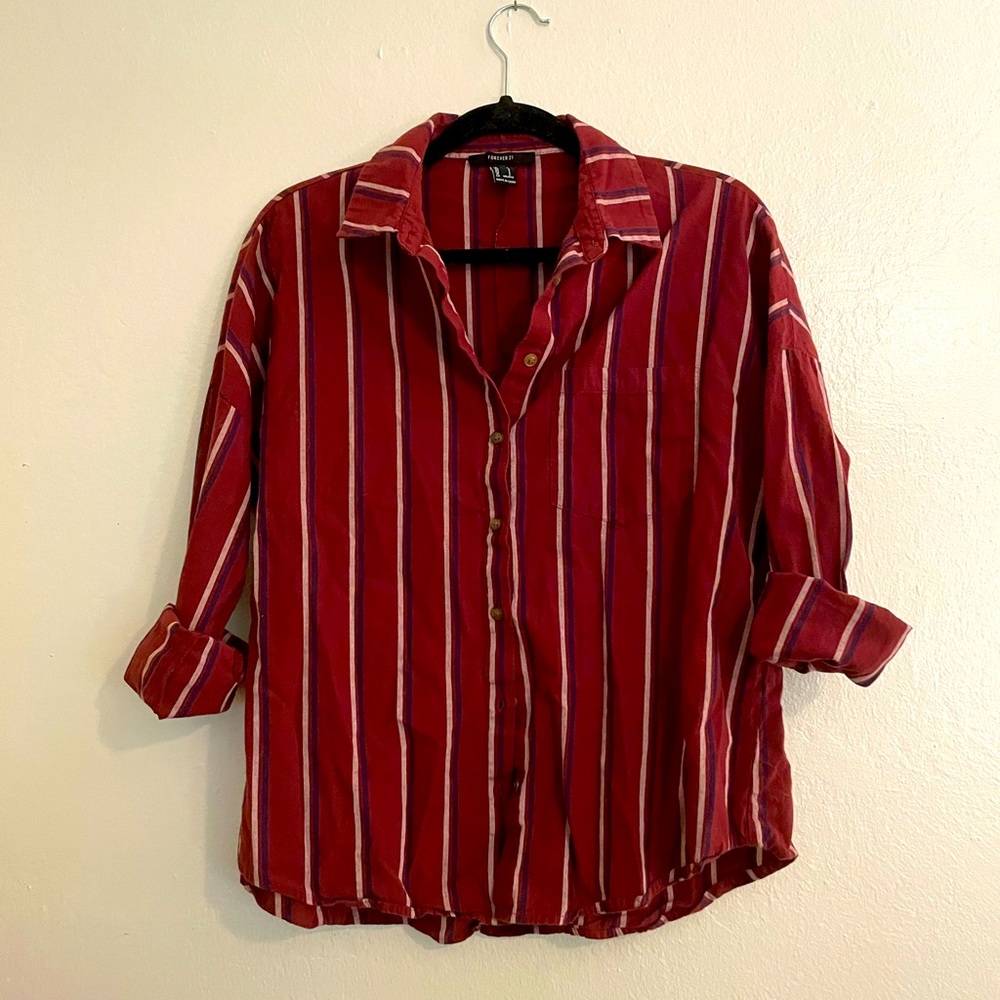 Button up F21 tee, size S, red w/ b&w stripes